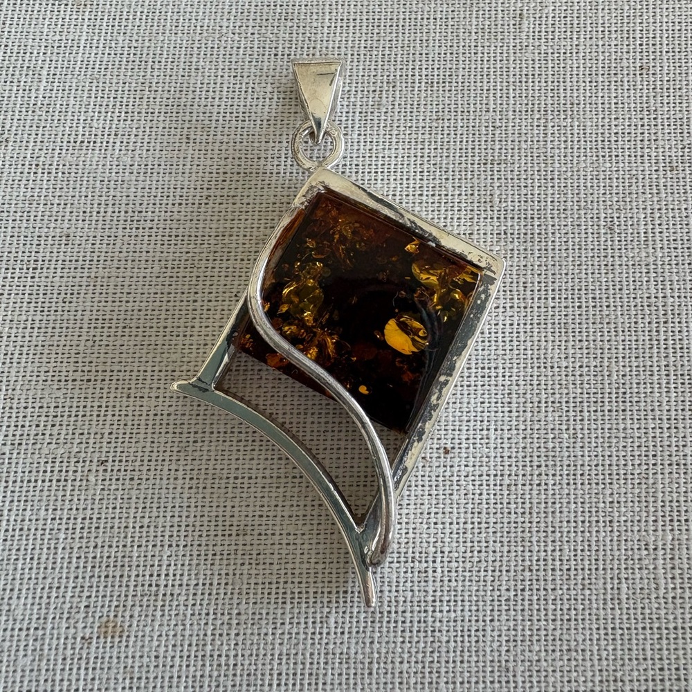Sterling Silver & Dark Amber Pendant